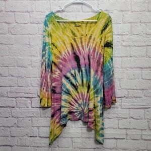 Gypsy Rose Tie Dye Tunic Top Sz XS Sharkbite Hem Stretchy Rayon‎ Hippie Festival